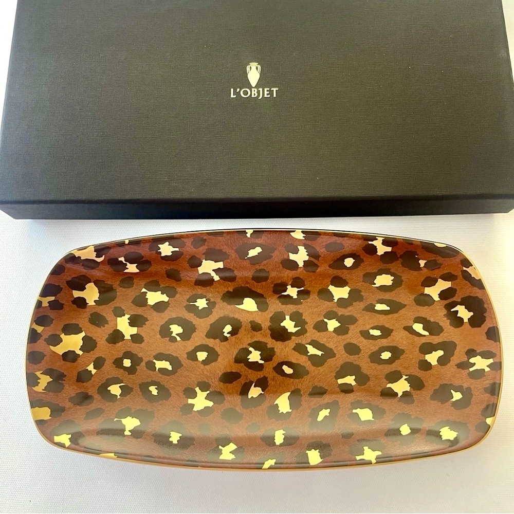 L'objet Leopard Medium Tray New in Box 11.75”x5.5” Porcelain and Gold
